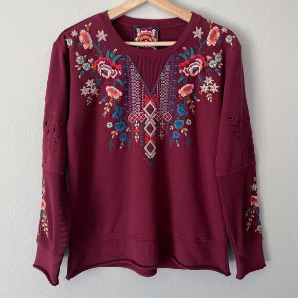 Johnny Was Isadora Thermal Sweatshirt Embroidered Floral Boho Size S - Picture 1 of 12